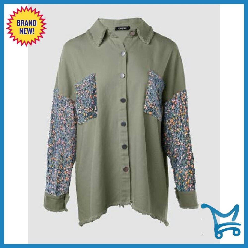 Oversized Denim Shacket with Sequin Patchwork Lon… - image 6